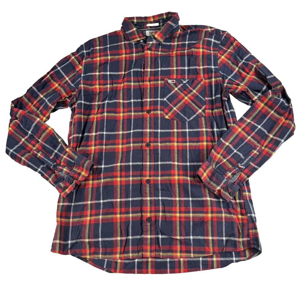 Tommy Jeans Shirt Mens Large Navy Red Plaid Flannel Button Up Regular Fit Cotton